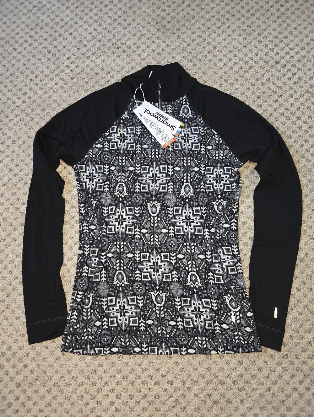 Smartwool Thermal Women's Black & White Patterned Merino Quarter-Zip Pullover